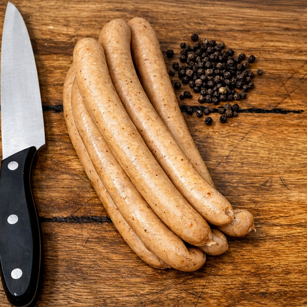 Hjemmelavede wienerpølser fra RønhaveSlagteren på træbræt med kniv og sorte peberkorn