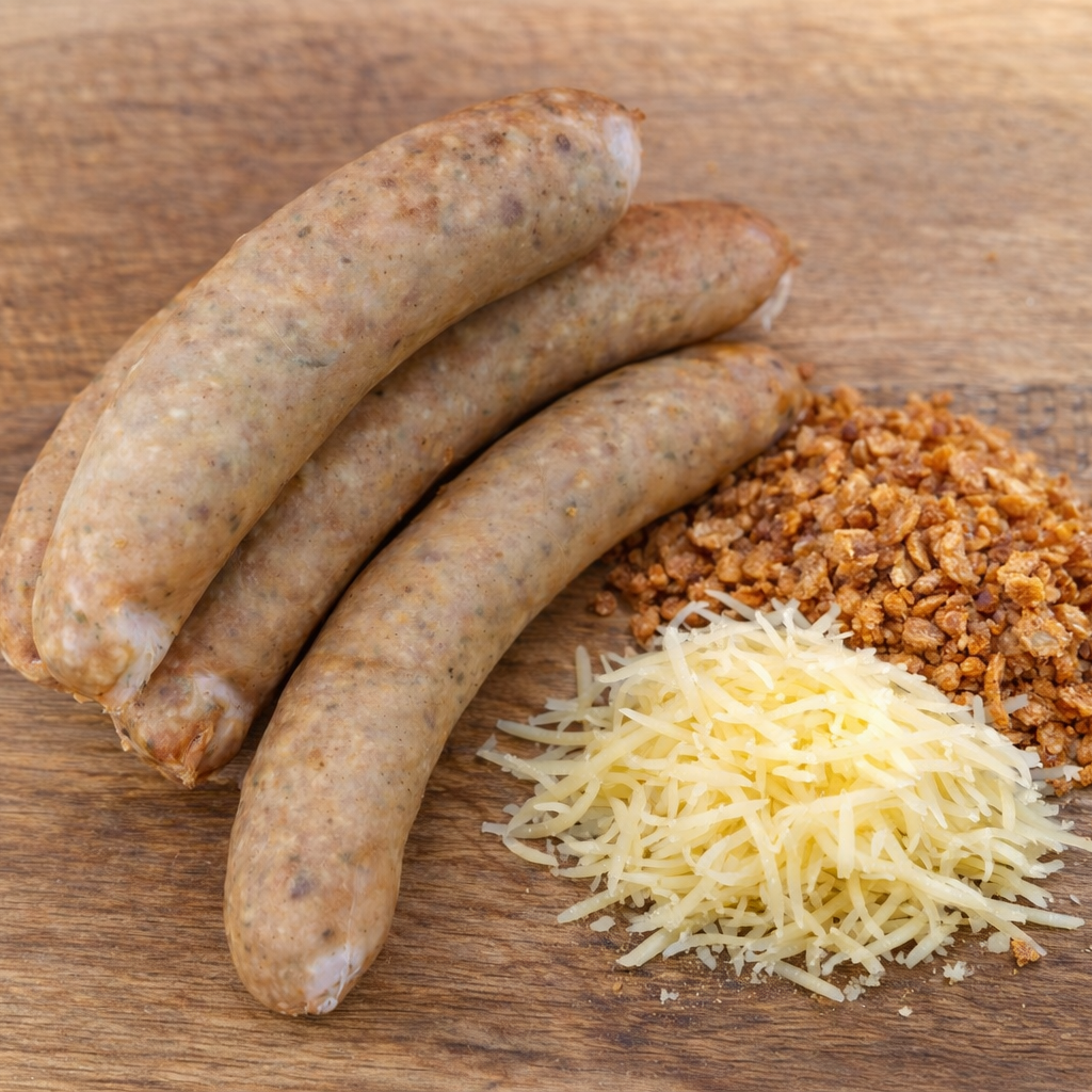 Grillpølse med ost og ristede løg(4stk)