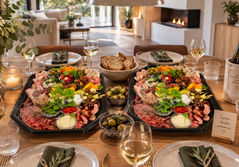 Hjemmelavet tapasanretning fra RønhaveSlagteren på sorte fade, serveret på et festligt dækket bord